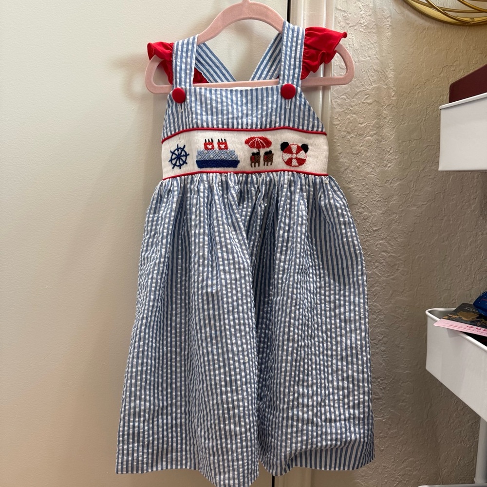 Disney Cruise Smocked Blue and White Striped Dress with Red Accents